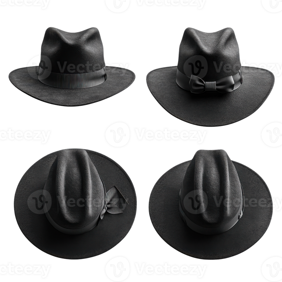 Classic black felt hats in various angles showcasing their elegant design png