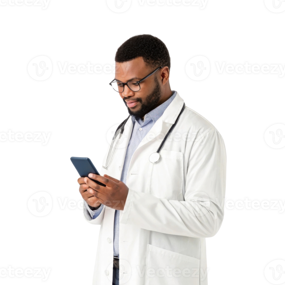Doctor in white coat using smartphone, focused and professional png