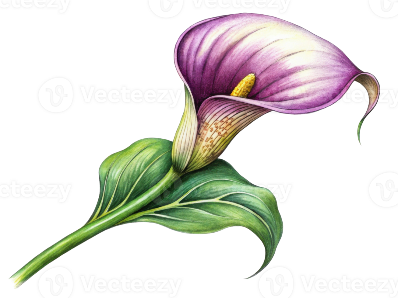 beautiful purple calla lily flower with green leaves, showcasing intricate details and vibrant colors png