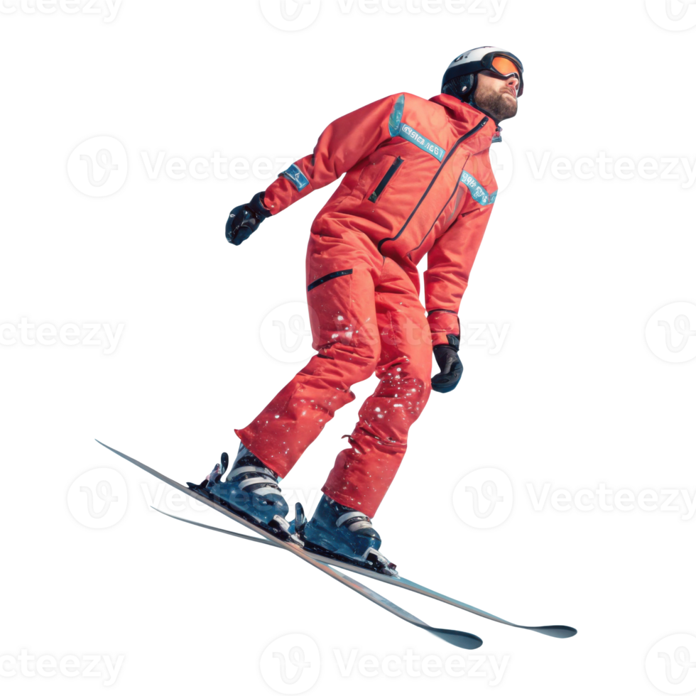 Skiing sportsman in red suit gracefully gliding through snow png