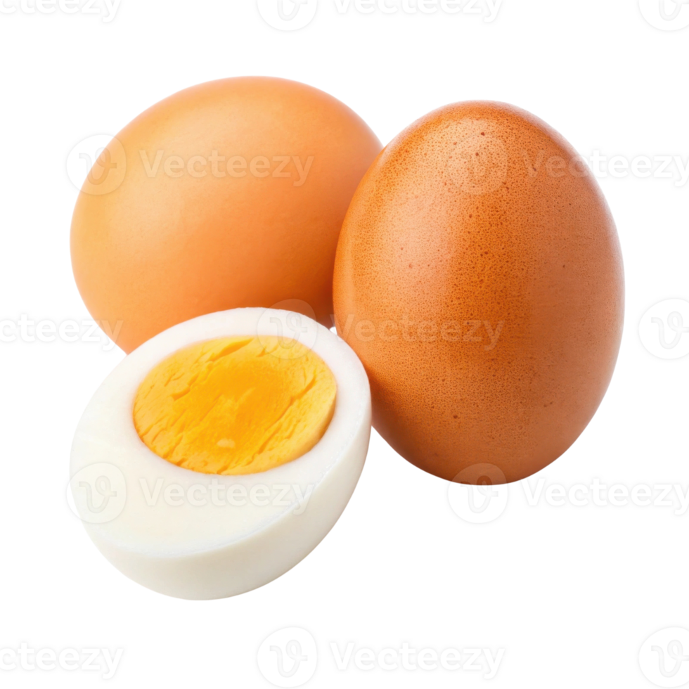 Fresh eggs with one cut in half, showing yolk and white png