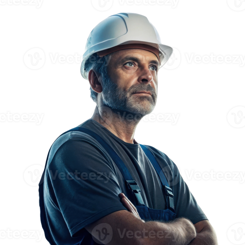confident construction worker wearing hard hat and overalls, showcasing determination and professionalism png