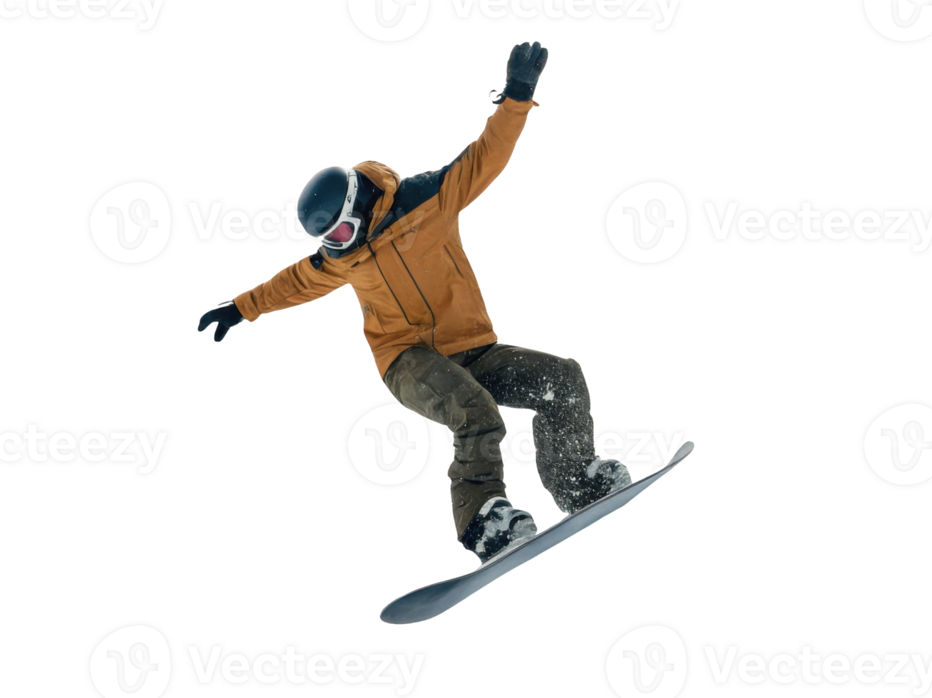 Snowboarder performing jump in fresh powder, showcasing skill and excitement png