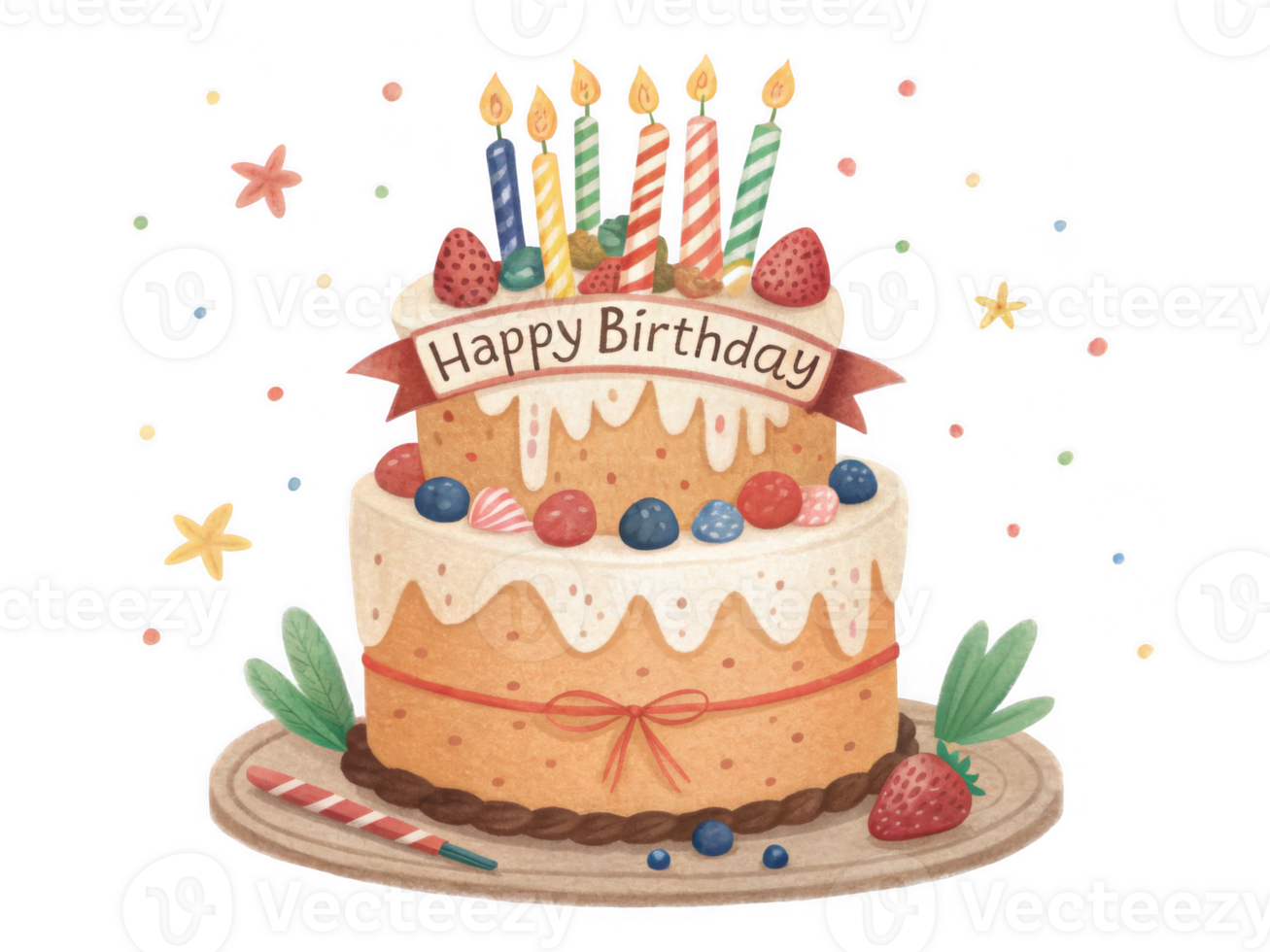Happy birthday cake with colorful candles and fresh fruits on top png