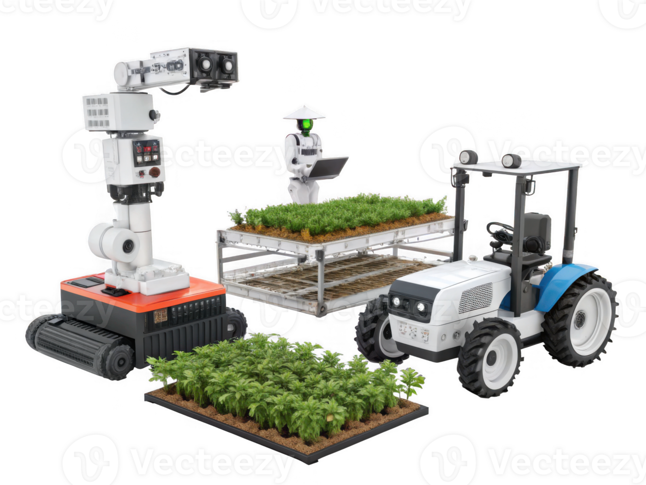 Smart robotic farmers working in modern agricultural setting, showcasing advanced technology in farming png