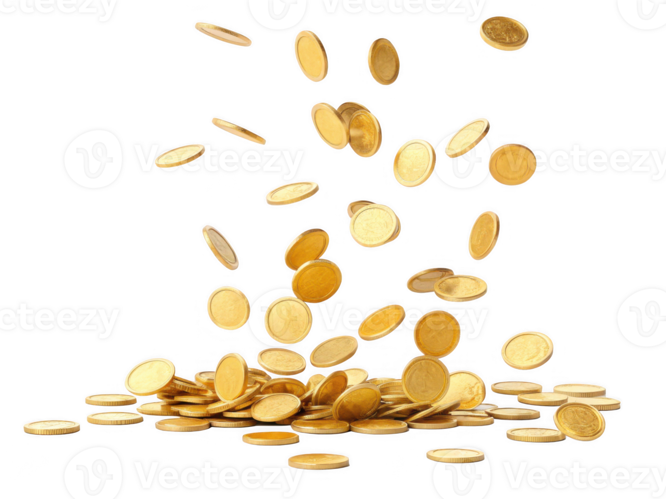Falling gold coins create dynamic scene of wealth and abundance, isolated on transparency background png