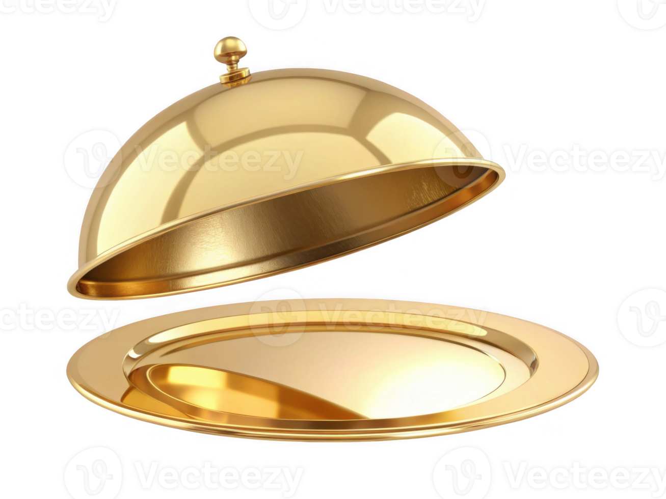 golden serving cloche raised above empty golden plate, showcasing elegance and luxury png