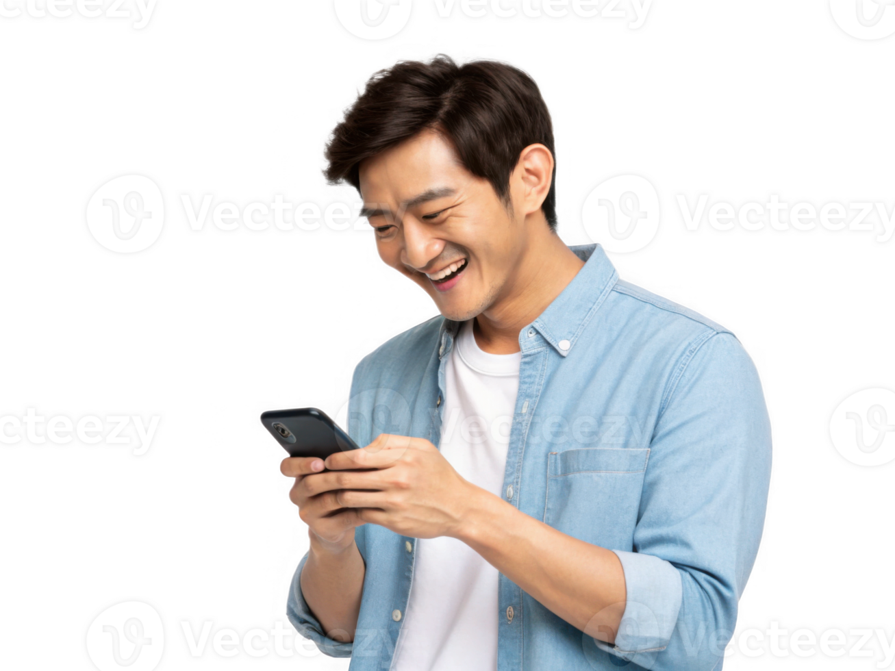 Happy young Asian man using cell phone, smiling joyfully while texting png