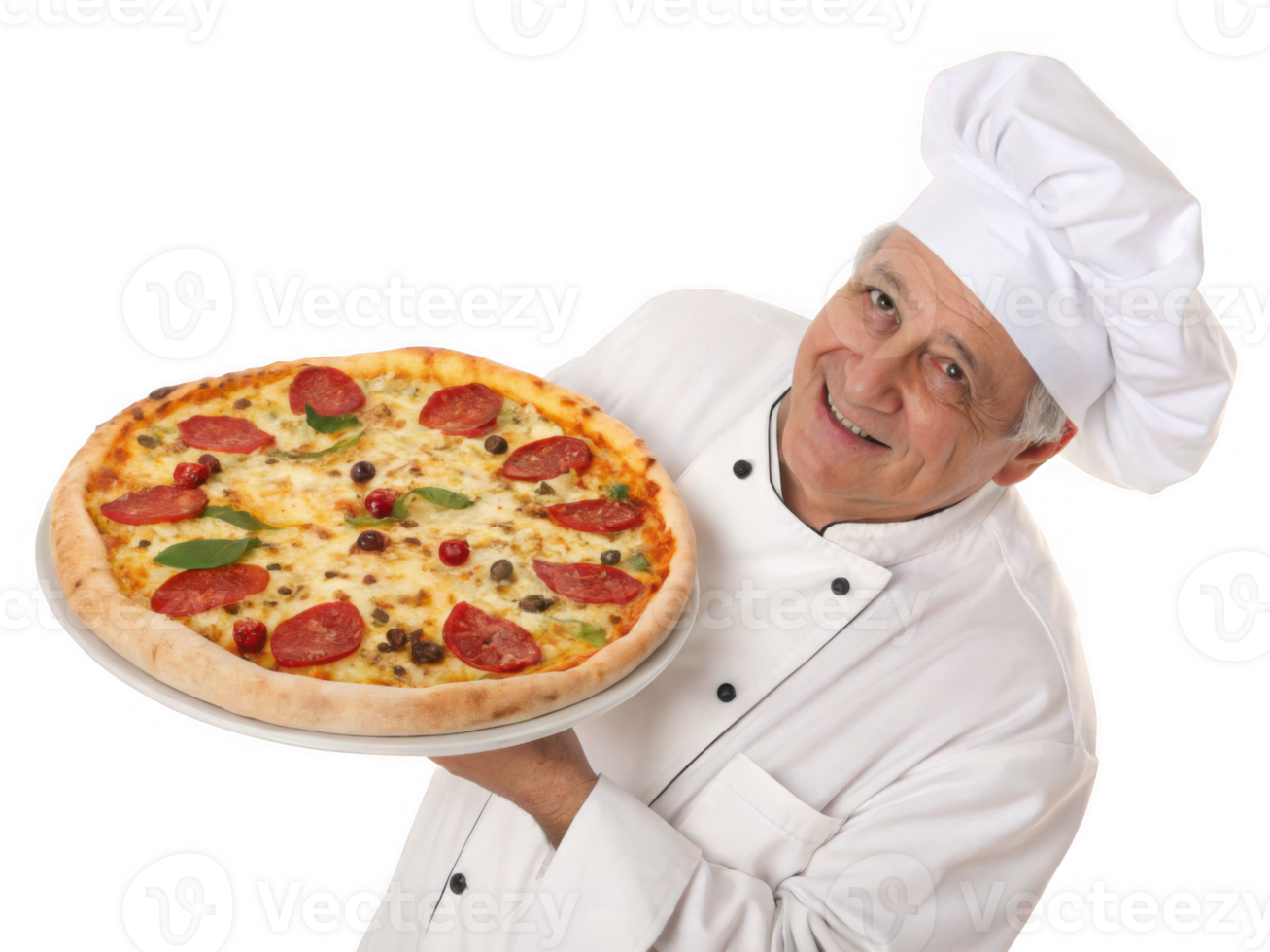 Delicious pizza held by middle aged chef, showcasing fresh ingredients and joyful expression png