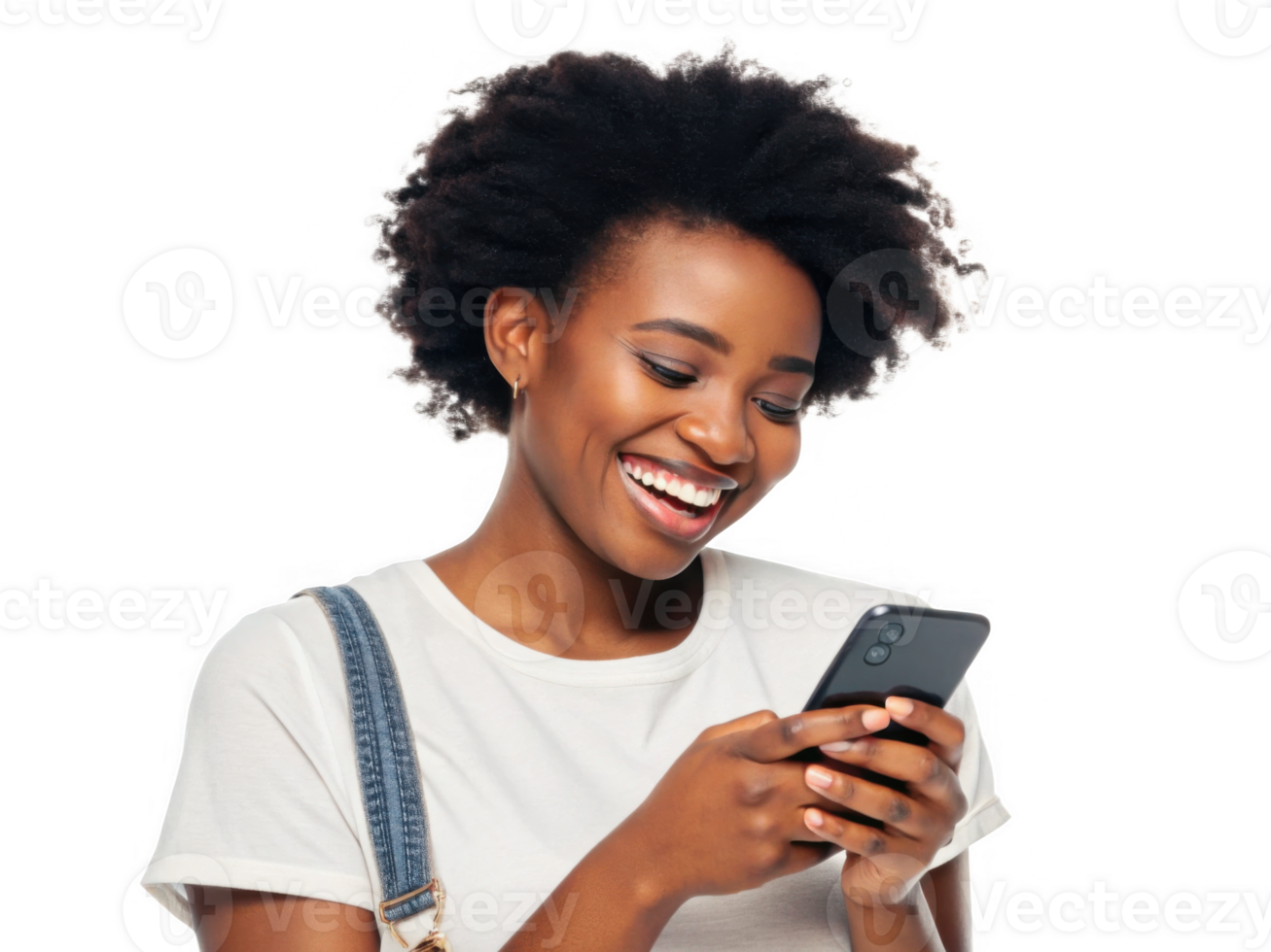 Happy young woman using smartphone, smiling with joy and excitement png