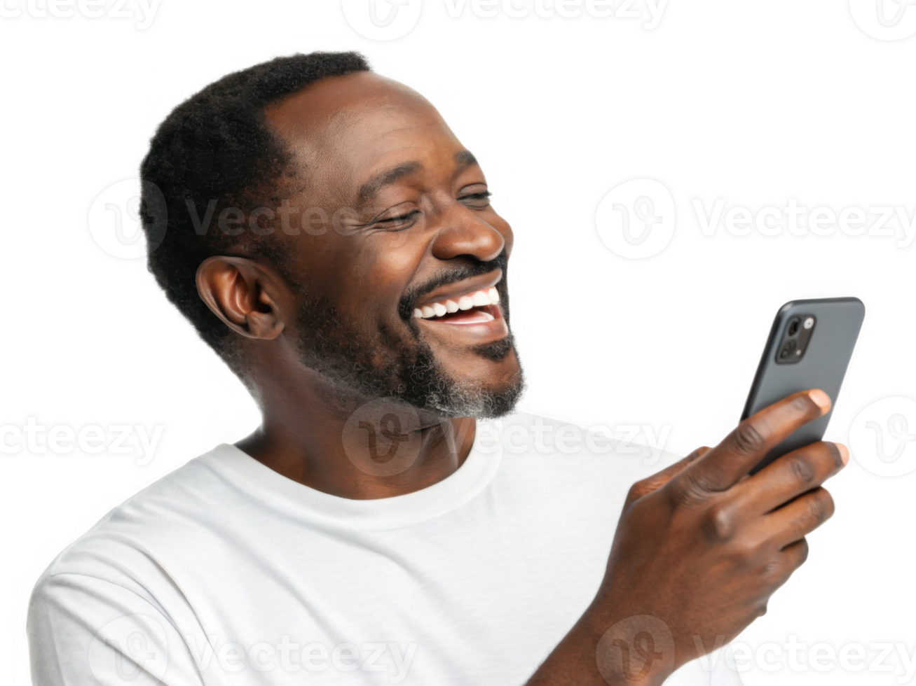 Happy African American man using smartphone, smiling joyfully png