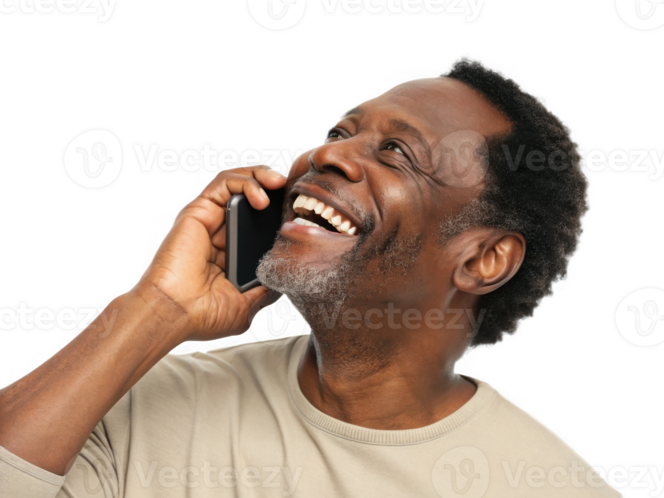 Happy African American man smiling while using cell phone, expressing joy and connection png