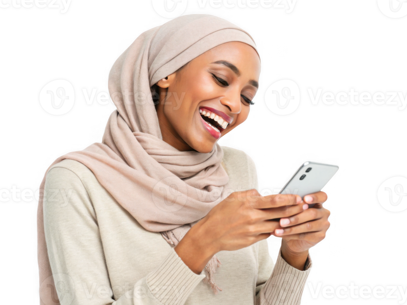 Happy woman using cell phone, smiling with excitement, isolated on transparency background png