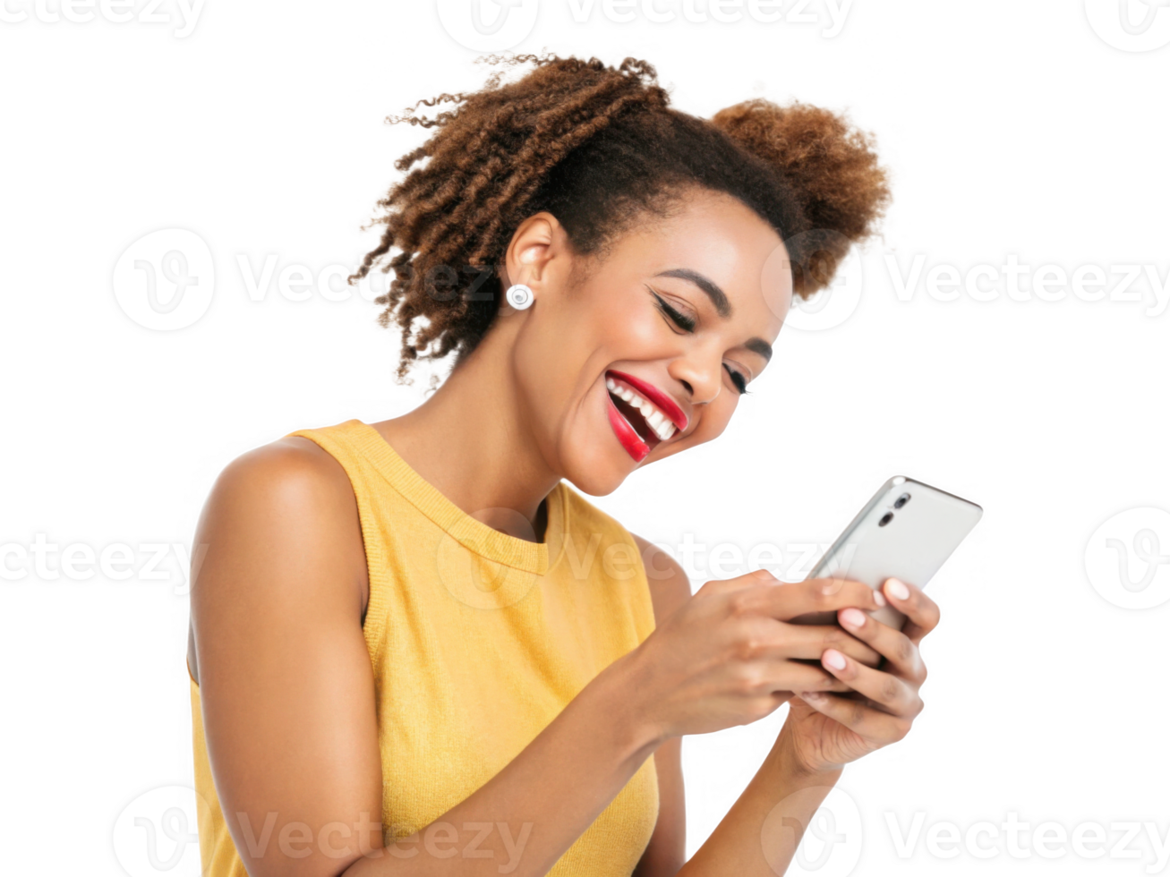 Happy woman using cell phone, smiling with joy, isolated on transparency background png