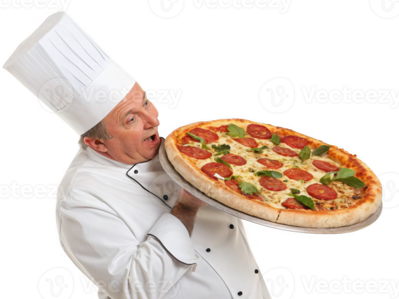 Delighted chef holding large pizza with pepperoni and basil png