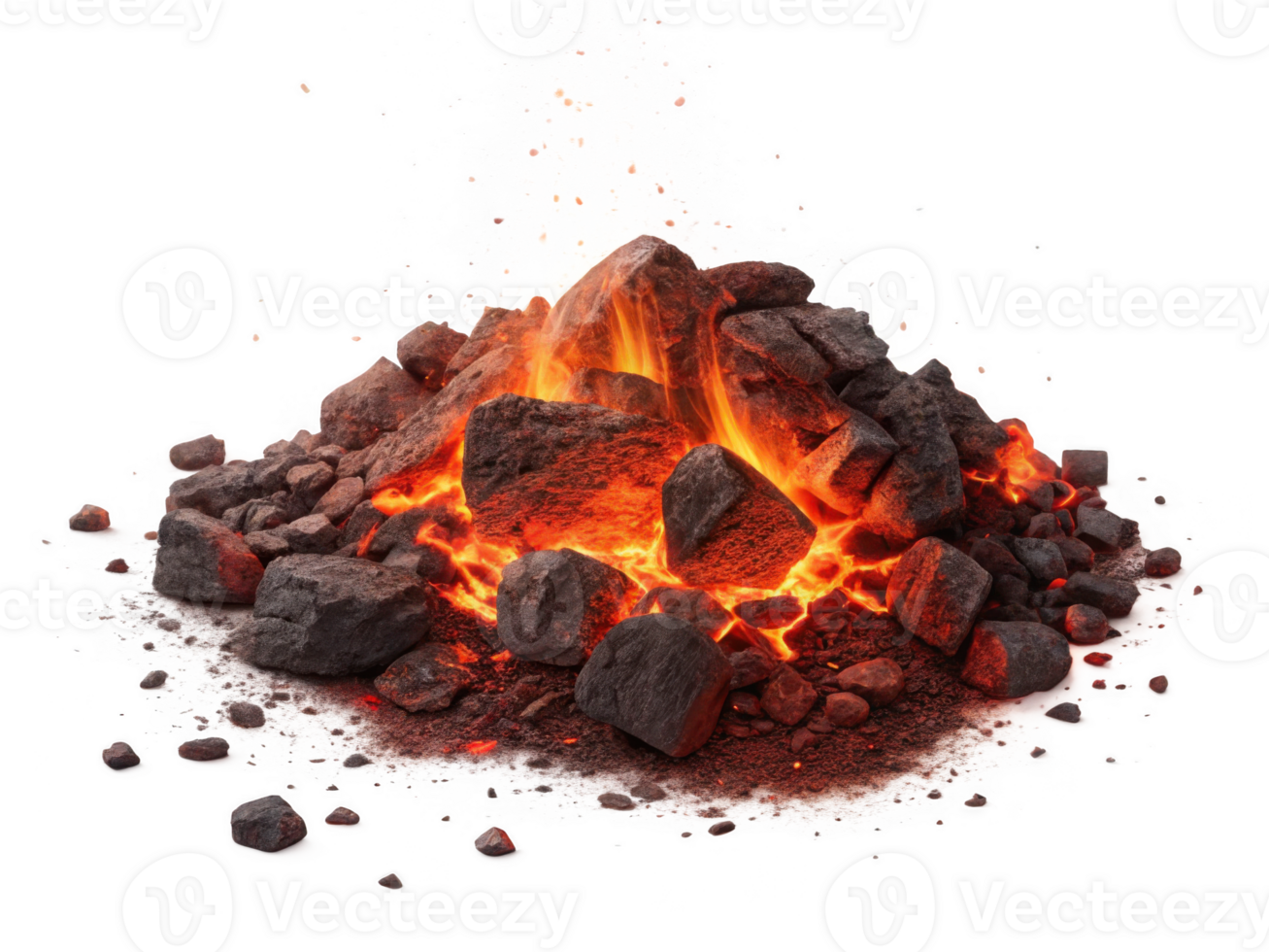 Burning coals with glowing embers and smoke, creating dramatic scene png