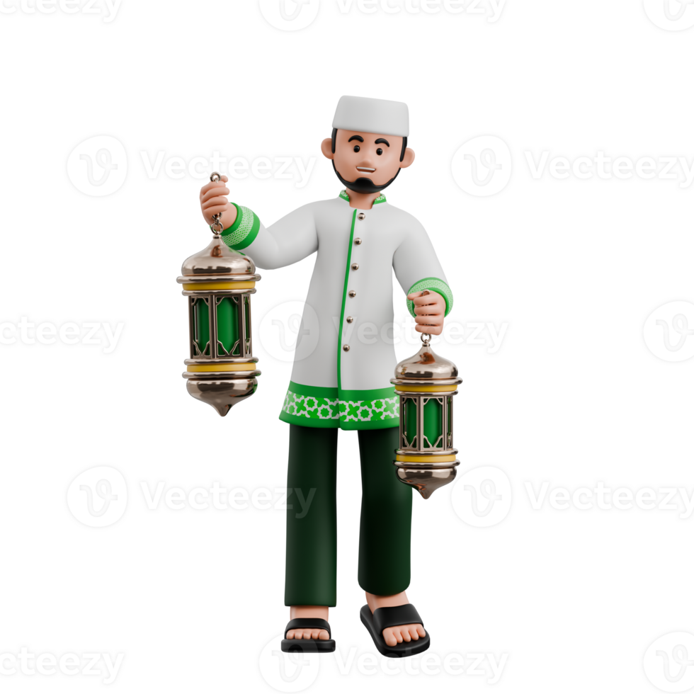 3D Muslim Man Holding Colorful Lanterns png