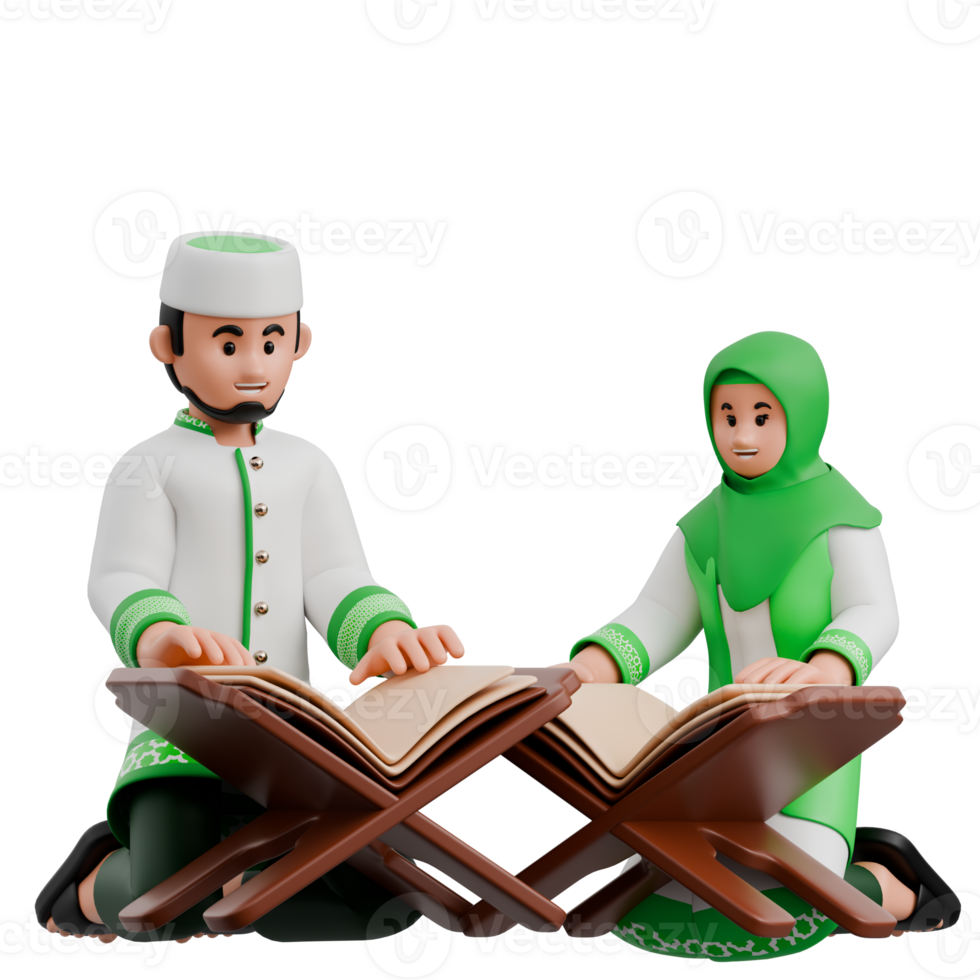 Muslim Couple Reading Quran 3D Ramadan Illustration png