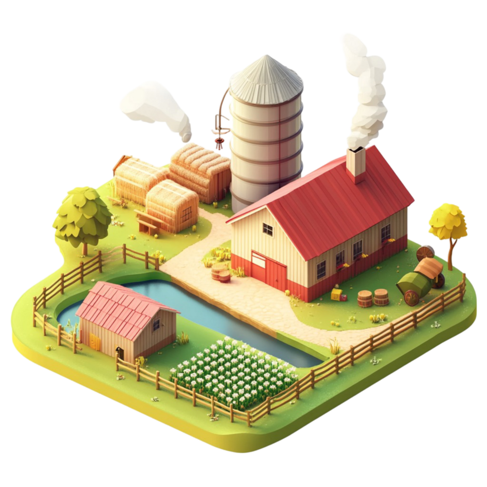 Isometric Farm with Barn, Silo, and Trees png