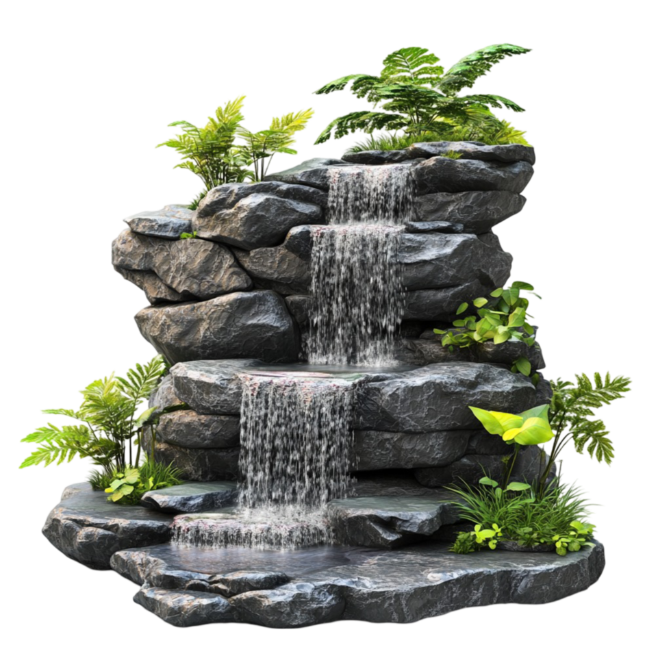 Miniature Waterfall on Rocks with Green Leaves png