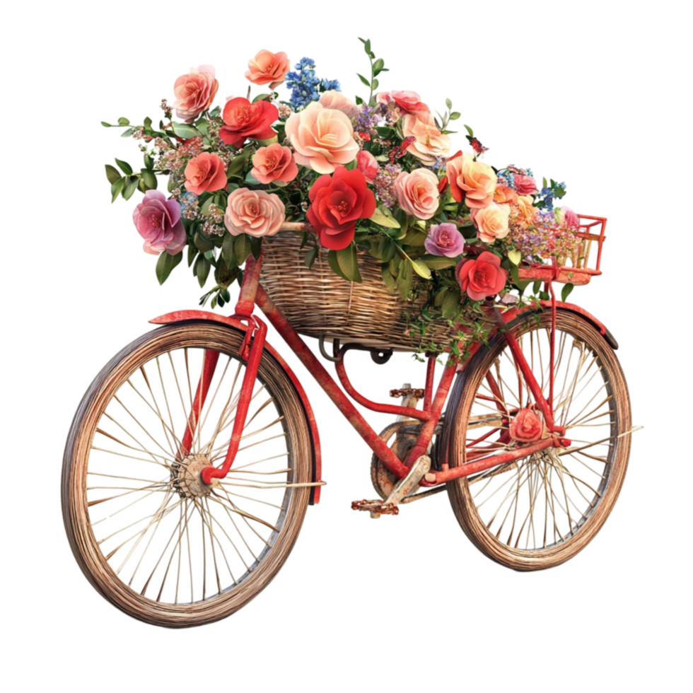 Vintage Bicycle with Flower Basket in Artistic Style png