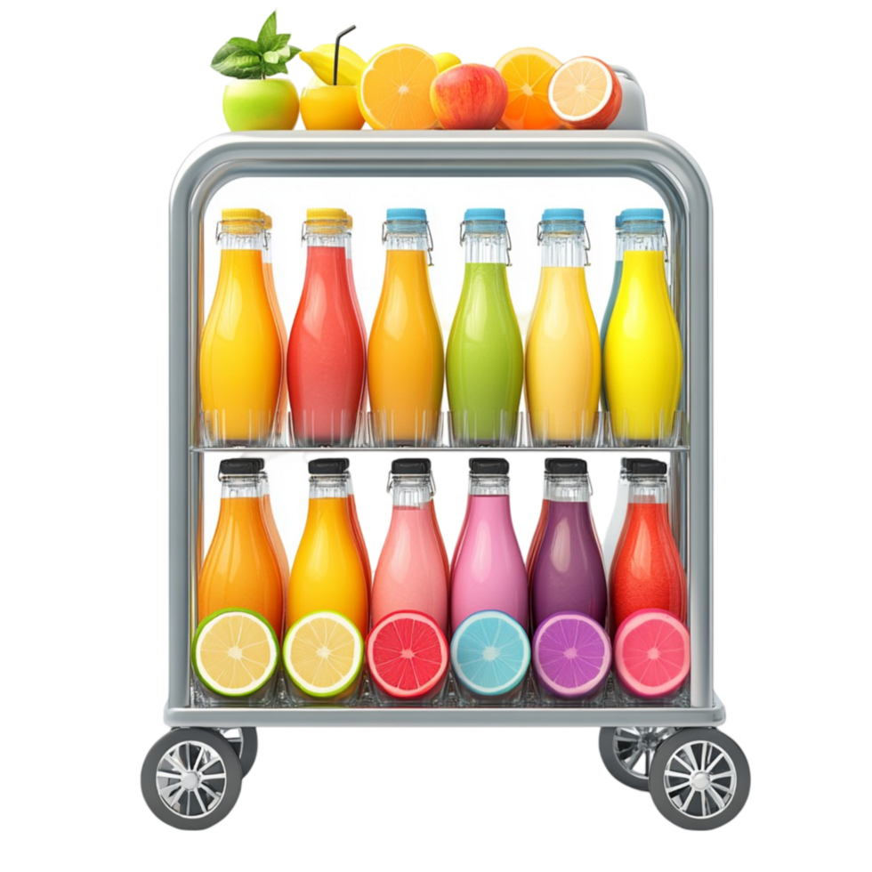 Fruit Cart with Assorted Fresh Fruits and Juice Bottles png