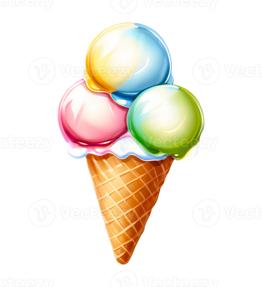 ice cream in waffle cone with three different colors png