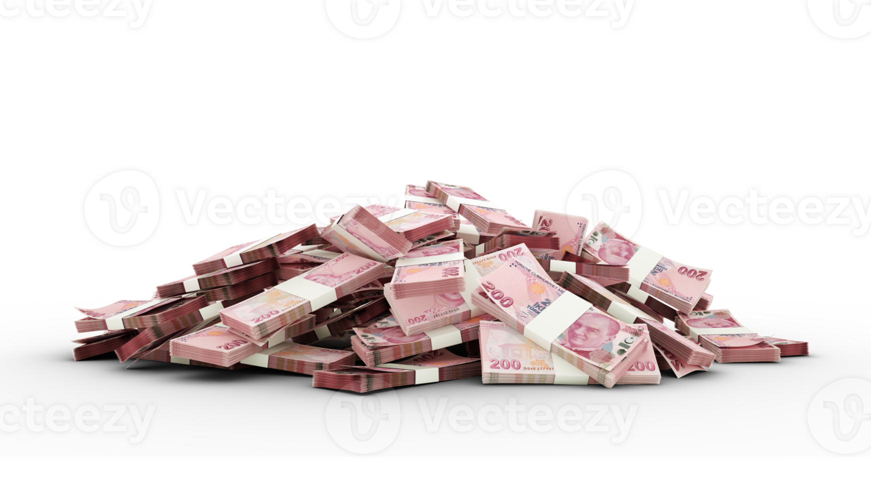 3D rendering of stacks of 200 Turkish Lira notes isolated png