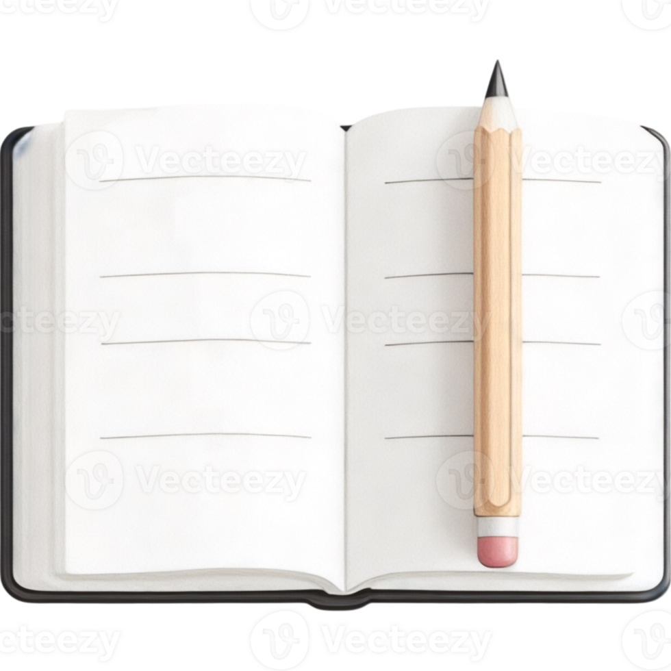 Open Notebook with Pencil Resting on Blank Page png
