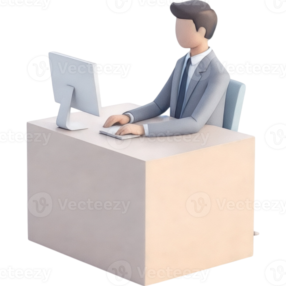Three Dimensional Render of Businessman Working at Computer png