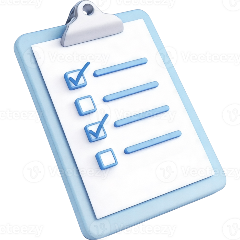 Three Dimensional Render of Clipboard with Detailed Checklist and Checkboxes png