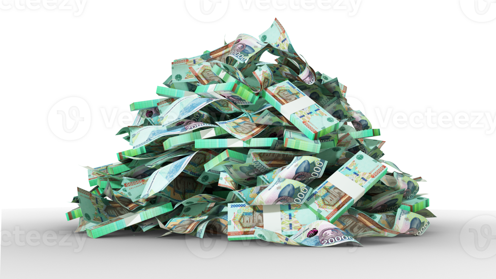 3D rendering of pile of Stacks of Uzbekistani Som notes isolated on transparent background png
