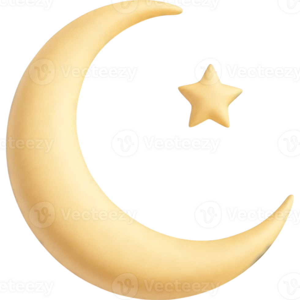 Three Dimensional Render of Golden Crescent Moon and Star High Gloss Finish png