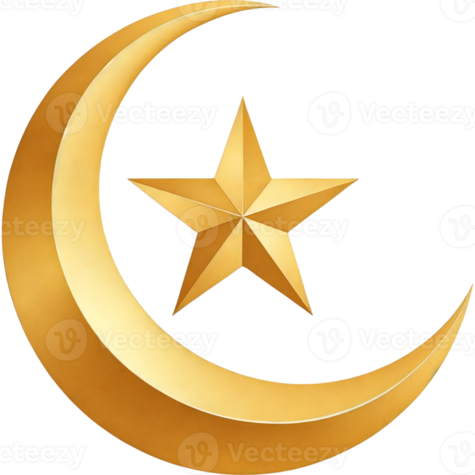 Three Dimensional Render of Golden Crescent Moon and Star Slightly Tilted png