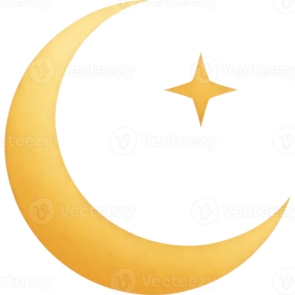 3D Render of a Golden Crescent Moon and Star png