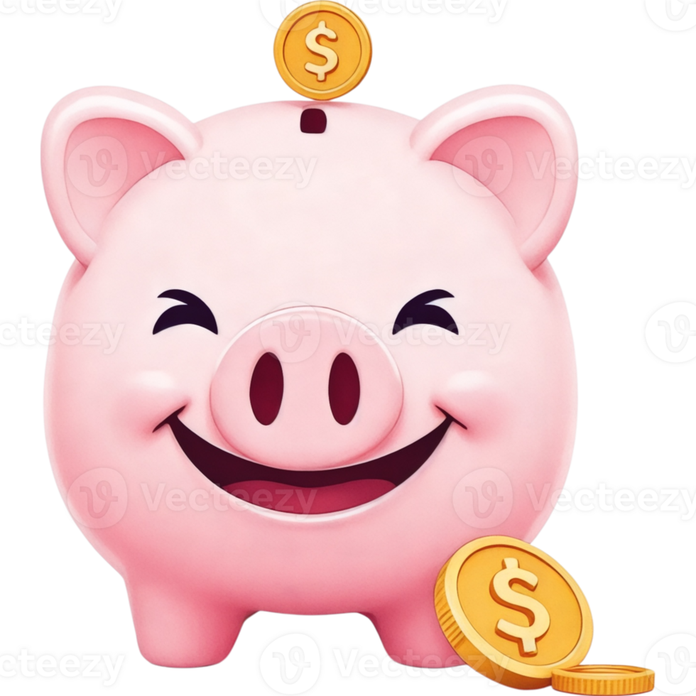 Pink Piggy Bank with Coins png