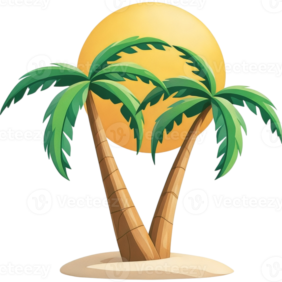 Two Palm Trees on Sandy Beach at Sunset png