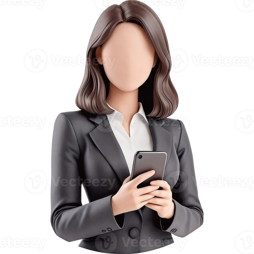 Three Dimensional Render of Businesswoman Holding Smartphone Dark Suit png