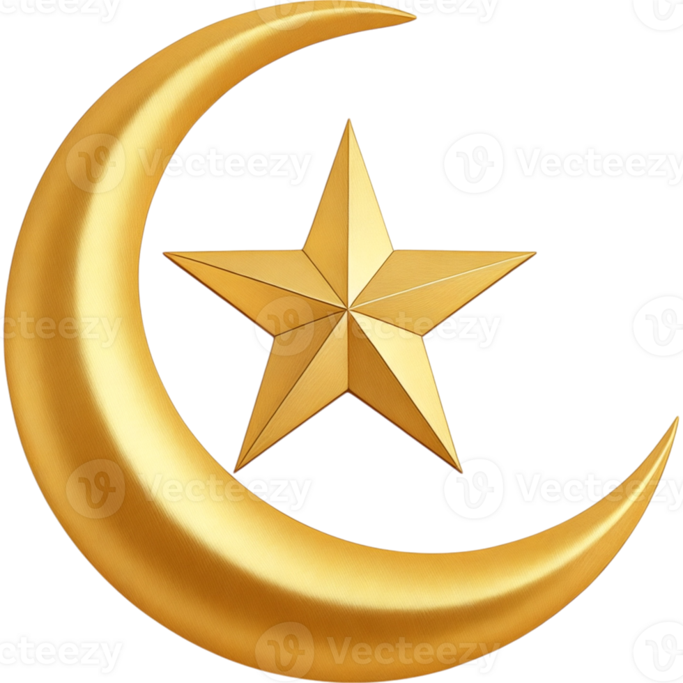 Three Dimensional Render of Golden Crescent Moon and Star png