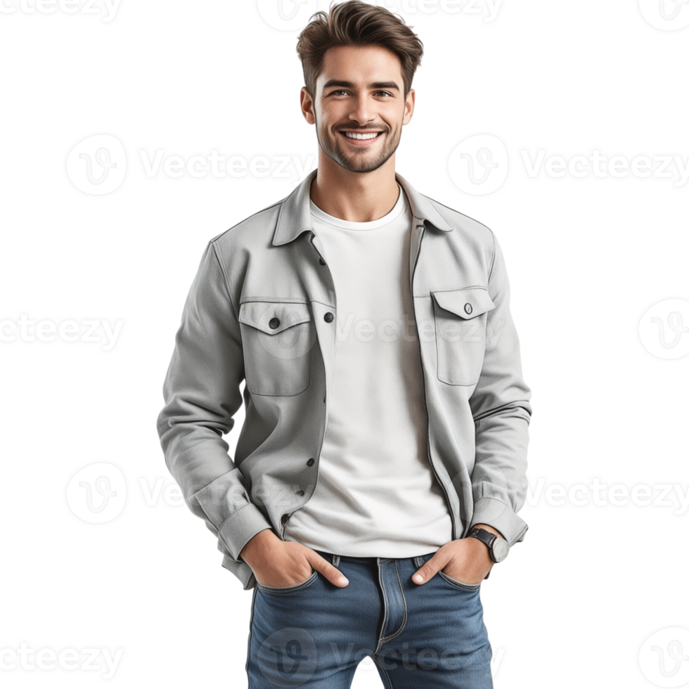 Man in a Grey Jacket with Hands in Pockets png