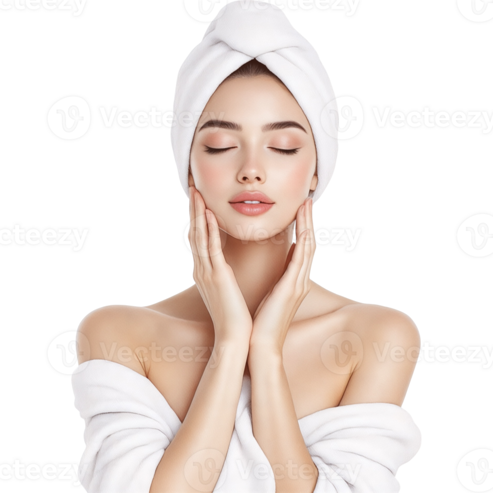 Woman Applying Facial Mask in White Robe png