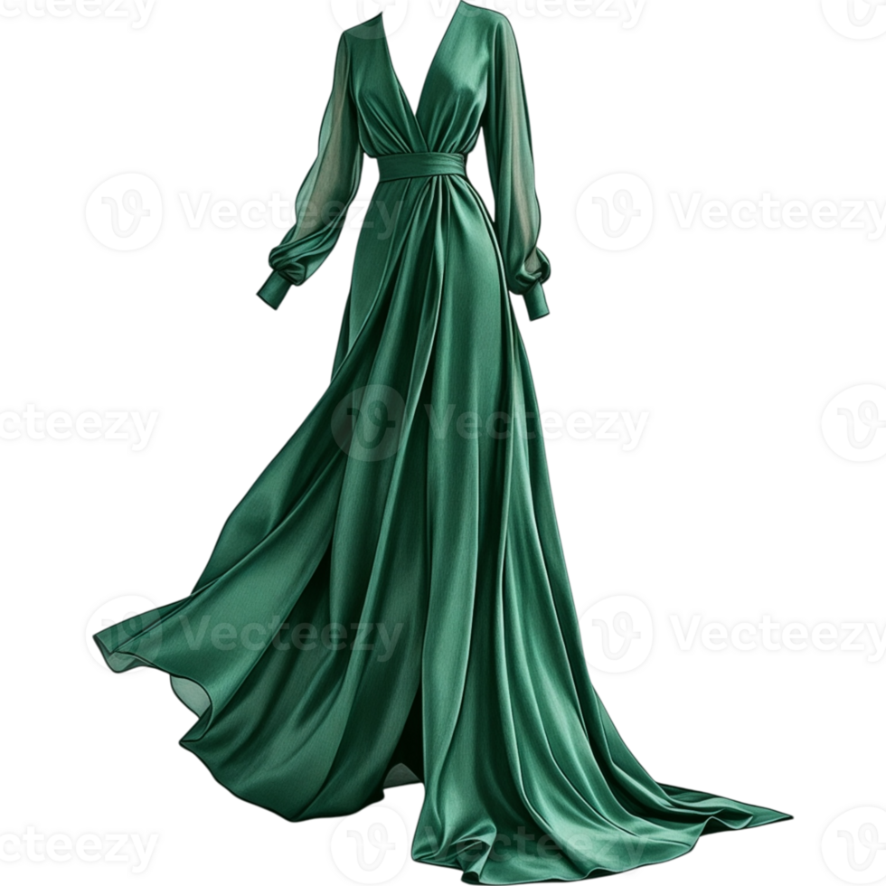 Elegant Emerald Green Satin Maxi Dress with Long Sleeves png