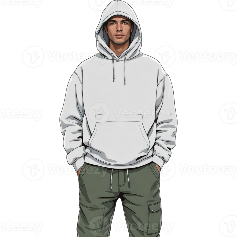 Man Wearing Grey Hoodie and Green Pants png