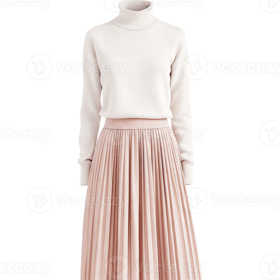 Pale Pink Pleated Midi Skirt and Cream Mock Neck Top png