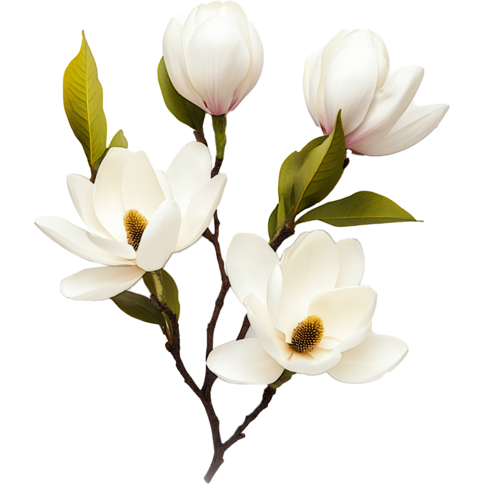 Soft Magnolia Flower and Southern Magnolia Plant Illustrated on White Background png
