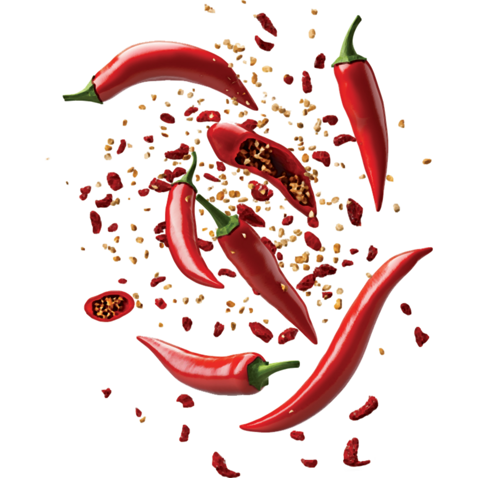 Chili peppers and chili seeds flying png