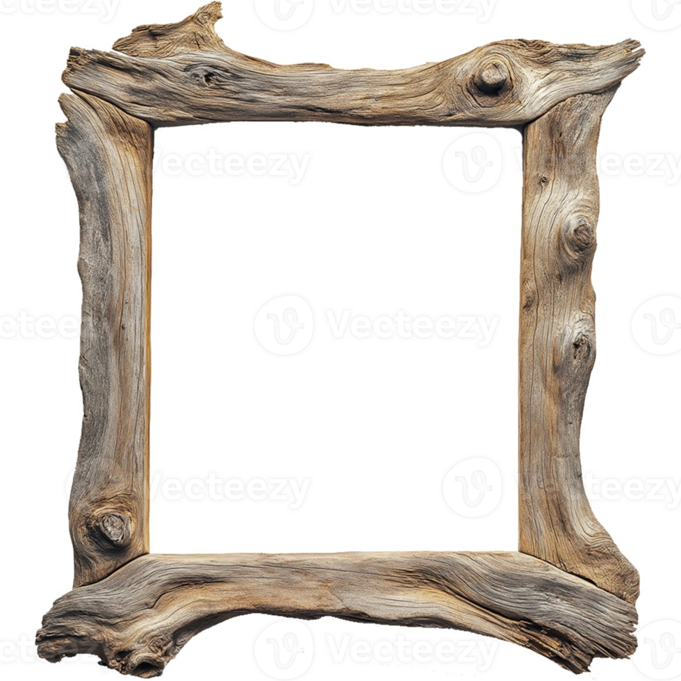 Rustic Driftwood Wooden Frame Isolated on Clear Transparent Background png