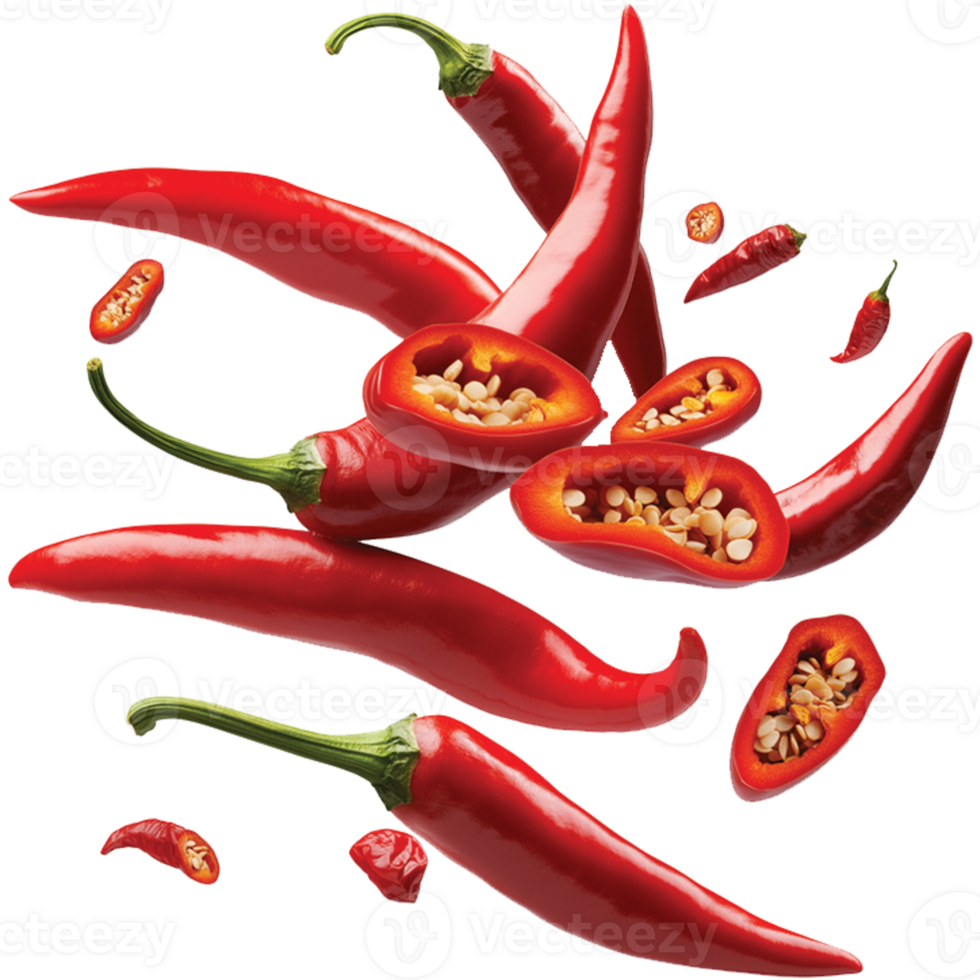 Chili peppers and chili seeds flying illustration png