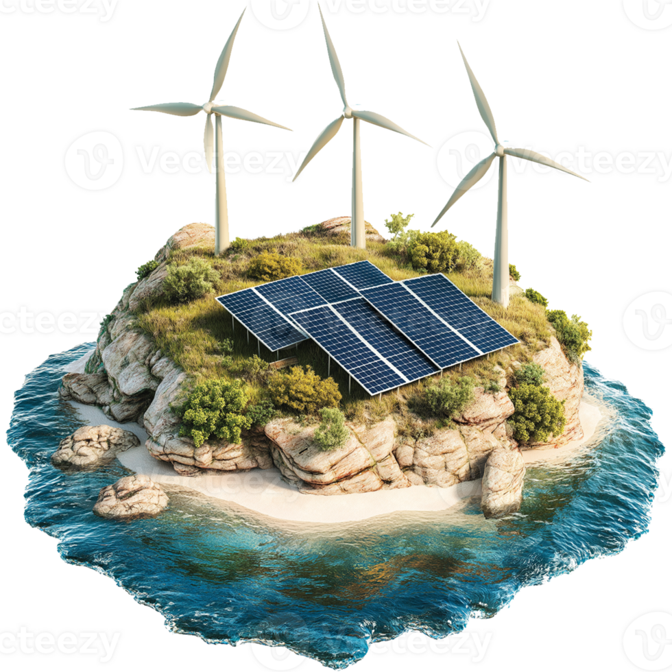 Eco-Friendly Green Island with Solar Panels and Wind Turbines png