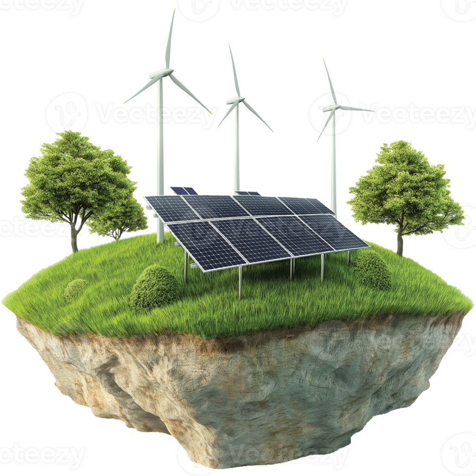 Solar Panel and Wind Turbine on Isolated Green Island png